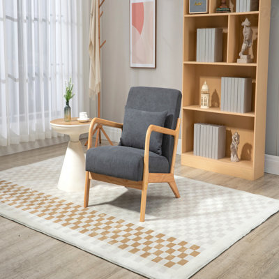 Mid Century Modern Style Accent Chair Ideal For Relaxing Bedrooms With Wood Frame, Wrapped In Fabric Living Room Chairs With Waist Cushion, Reading Arm Accent Chair