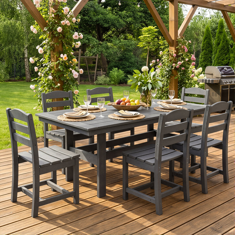 7-Piece HDPE Outdoor Dining Set | 1 Table + 6 Chairs | Weather-Resistant, UV-Stable & Eco-Friendly, Gray