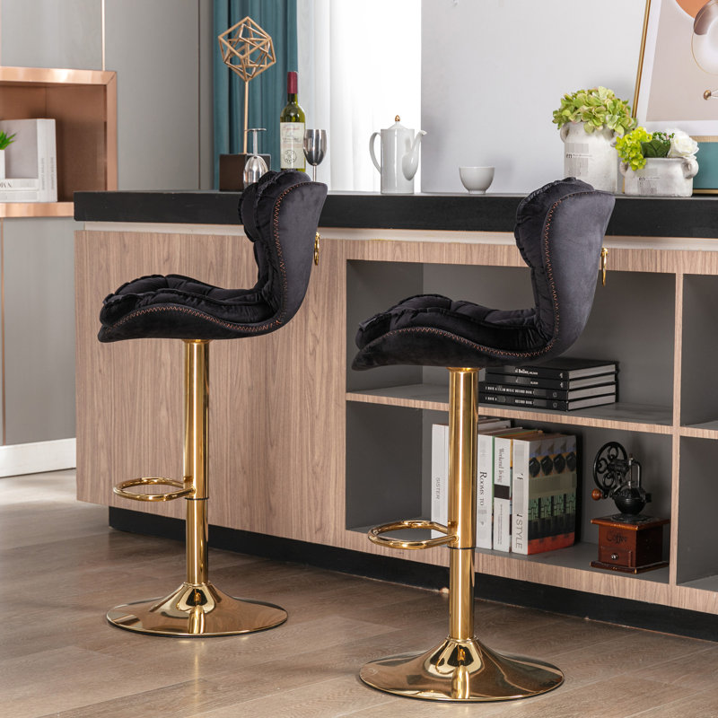 2 Bar Stools Collection, Height Adjustable With Footrest, Velvet + Golden Leg, Black Furniture Of Stools, Design, Footrest & Base, Elegant Chair
