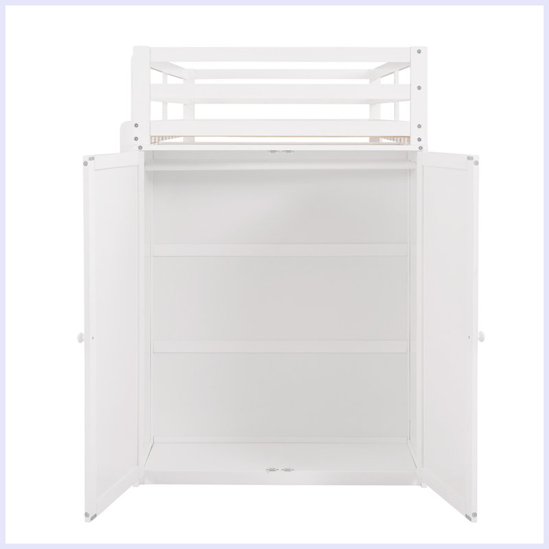Lit mezzanine moderne avec tiroirs, bureau et garde-robe, Simple, Blanc