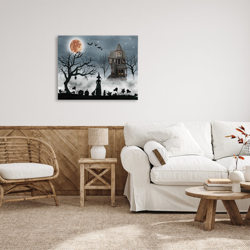«Halloween Witch Silhouette in Full Moon Haunted House Scene», impression, H 30 po x l 40 po