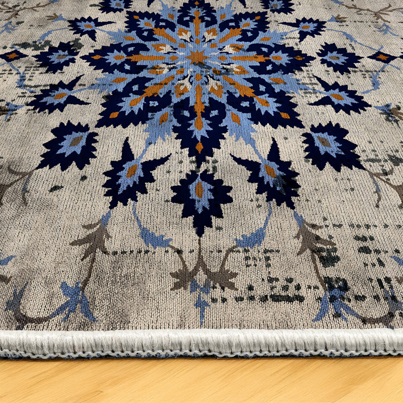 Albasa Collection Digital Print Cotton-Polyester Blue Gray Moroccan Rug, Runner 2'8" x 10'6"