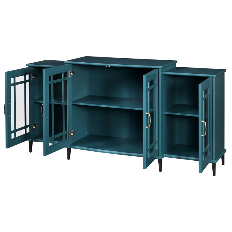 Meuble télé 62 po, bleu sarcelle, avec surface lisse, 8 pieds en métal, portes en verre trempé, tablettes réglables pour le rangement