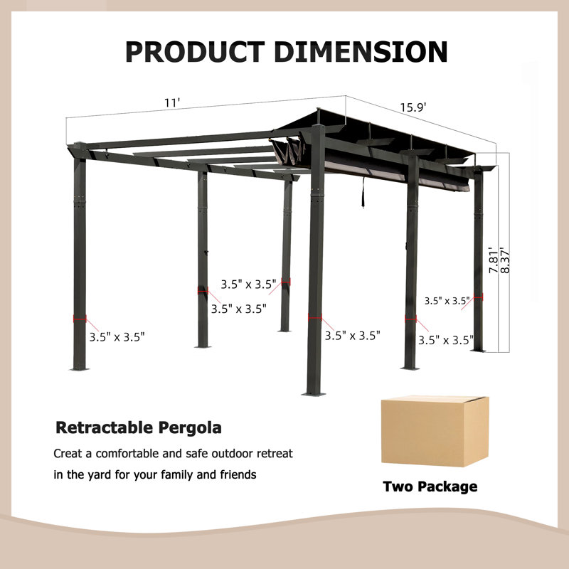 11x16 FT Retractable Aluminum Pergola with Dark Gray Canopy for Patio,Garden