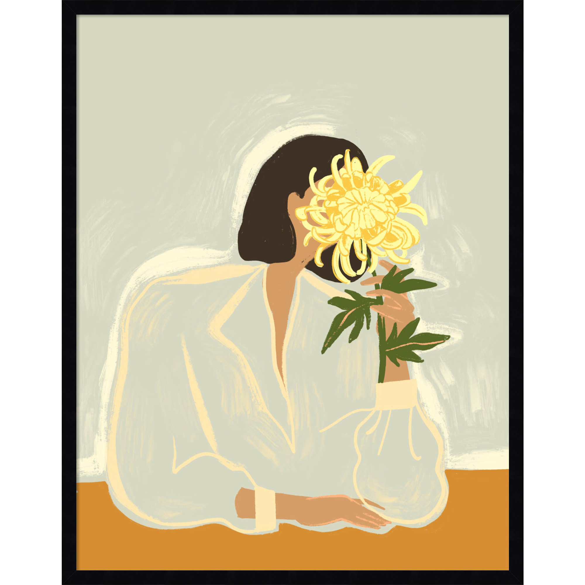 Lady With Chrysanthemum by Arty Guava Wood Framed Wall Art Print, Black, 33" H x 26" W