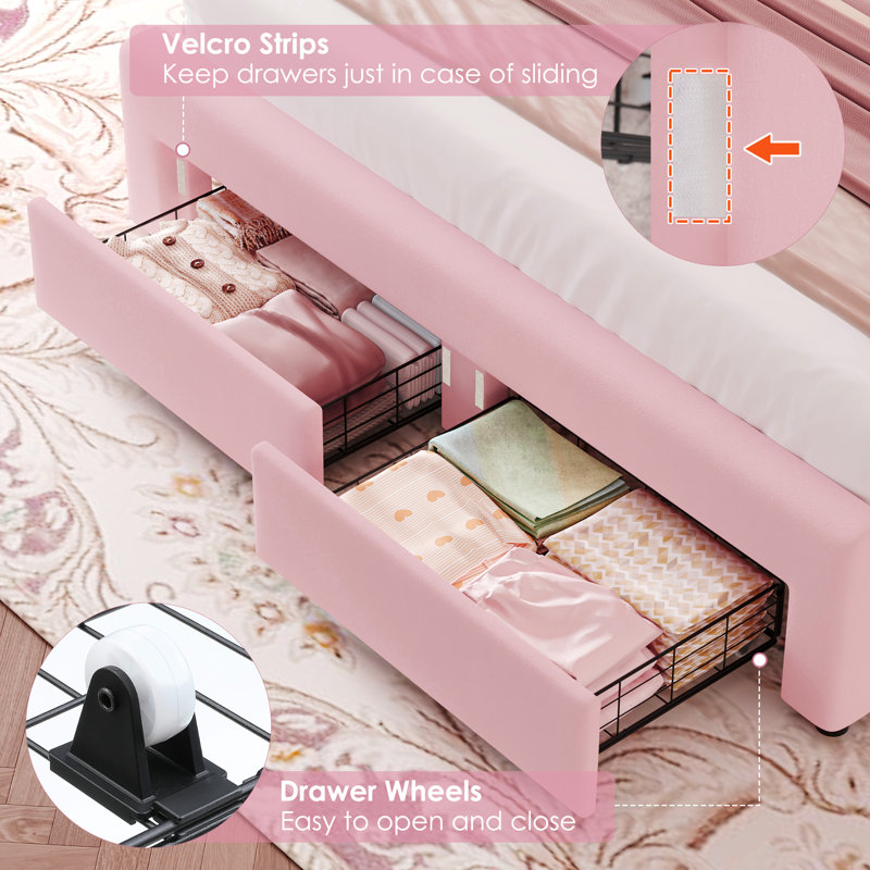 Velvet Upholstered Storage Bed With LED Lights, Storage Platform Bed With 2 Drawer & Charging Station, Queen, Pink