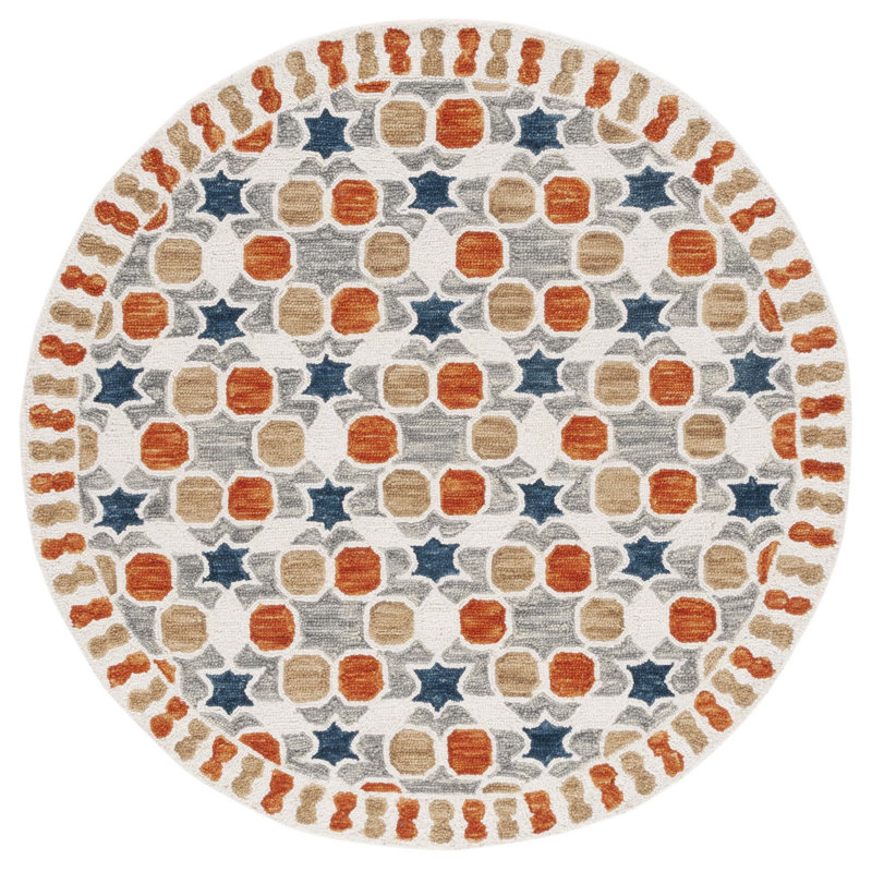 Vahakn Hand Tufted Wool/Cotton Southwestern Rug in Ivory/Gray, Round 5'