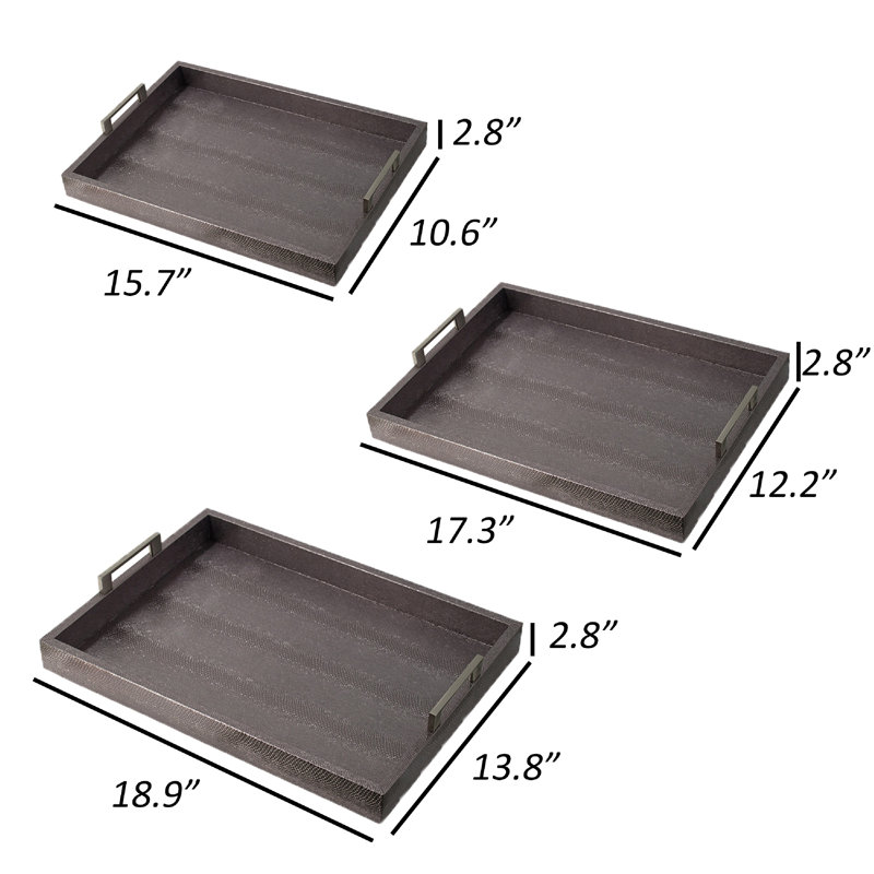 Rectangular Accent Nesting Tray Set Of 3, Snake Print, Metal Handles, Black