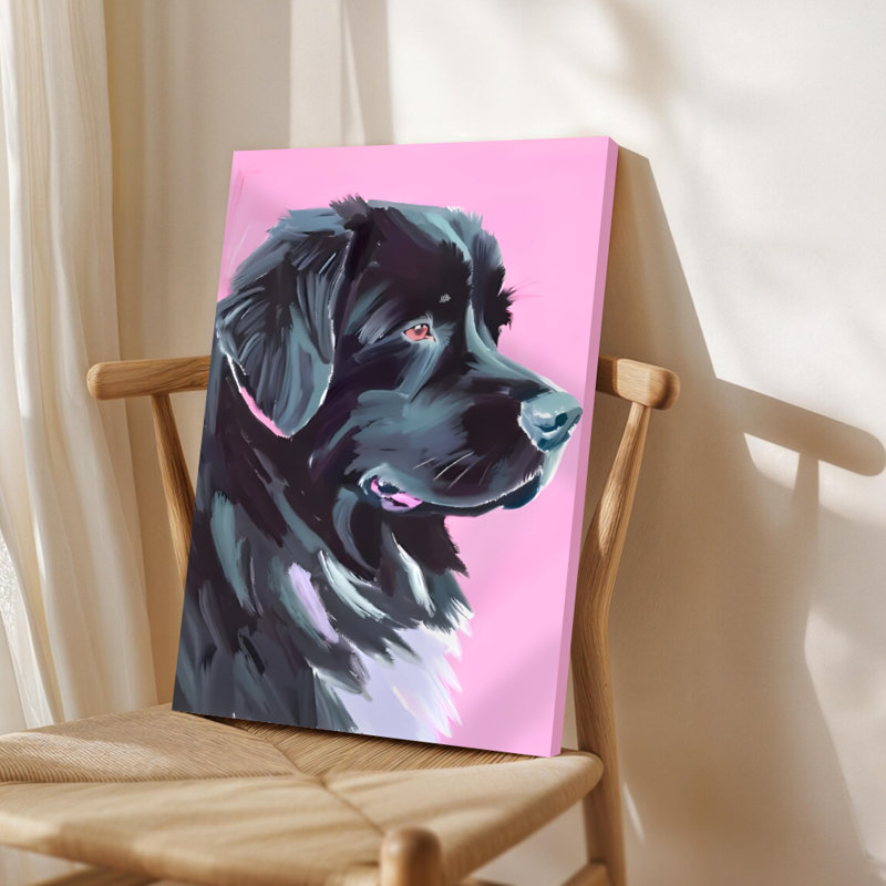 Grand chien de profil, fond rose, style peinture à l'huile impressionniste. Art mural encadré en toile - Cadre en bois massif de 24 po x 36 po et 1 po d'épaisseur pour le salon ou la chambre à coucher