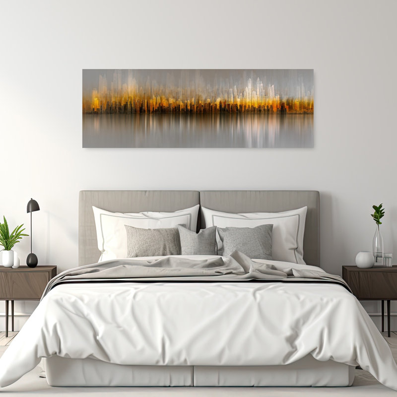 «Golden Cityscape Reflection Abstract Modern Serene City Landscape», art mural, H 60 po x l 20 po