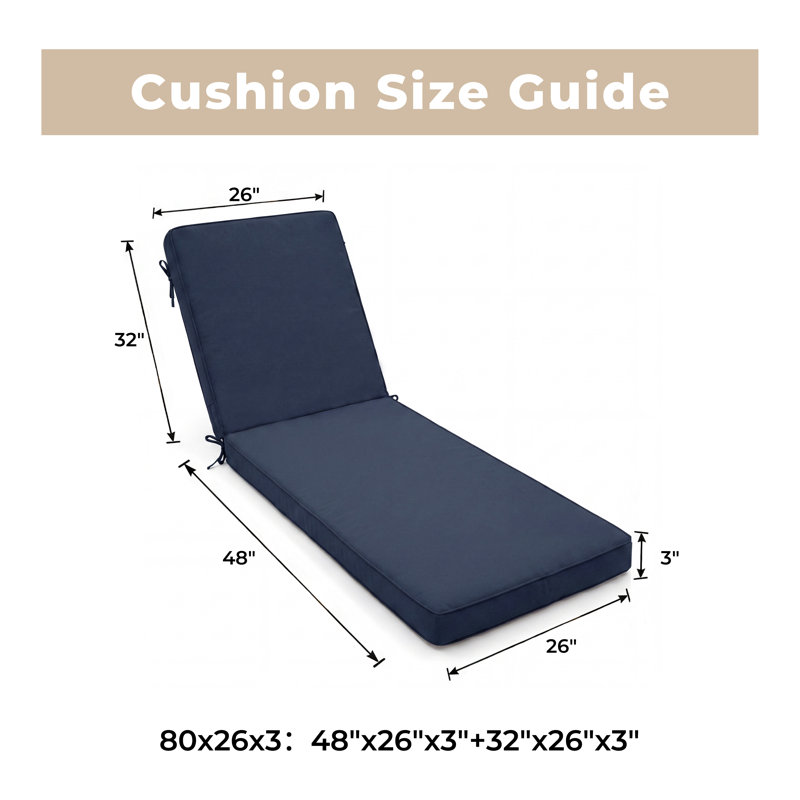 Outdoor Chaise Lounge Cushion - Waterproof, Weather-Resistant, Patio Furniture Replacement, Navy Blue, 26" W x 48" D, 2