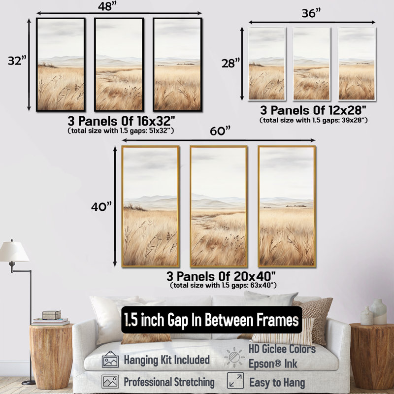 Prairie Peacefulness Meadows I - ensemble d'art mural sur toile prairies, Cadre flottant doré, H 28 po x l 36 po x P 1 po