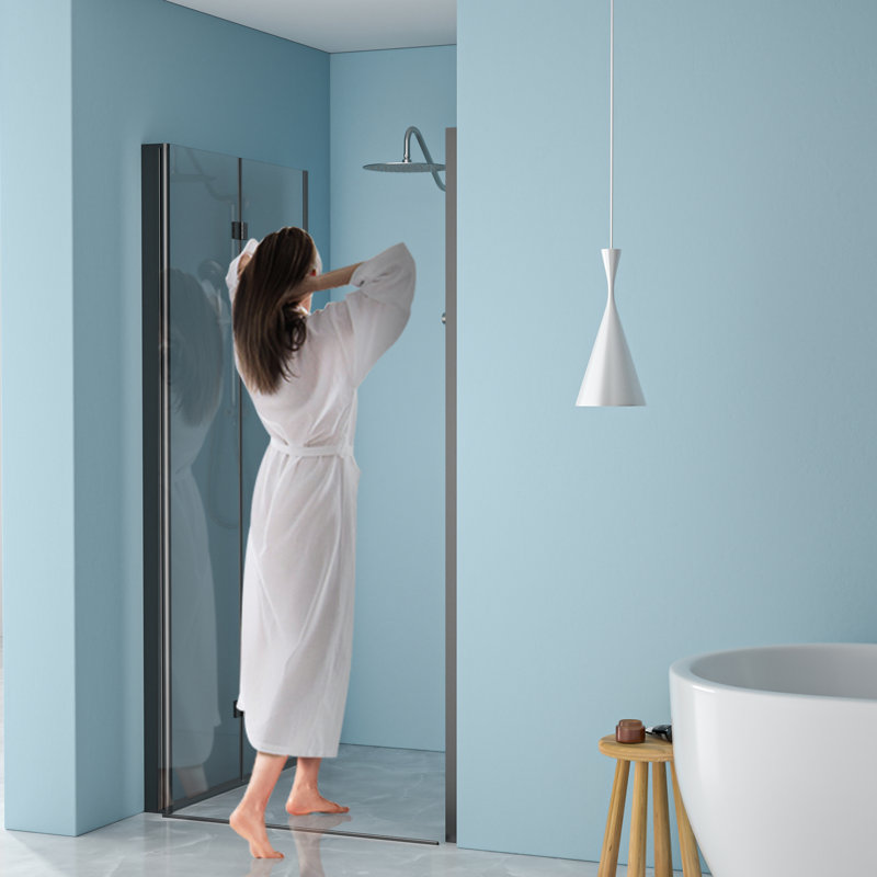 Porte de douche pliante l 30 po x H 72 po, noir mat. Verre trempé de 1/4 po d'épaisseur. Barrière d'isolation de porte de salle de bain noire H 72 po. Cloison intérieure