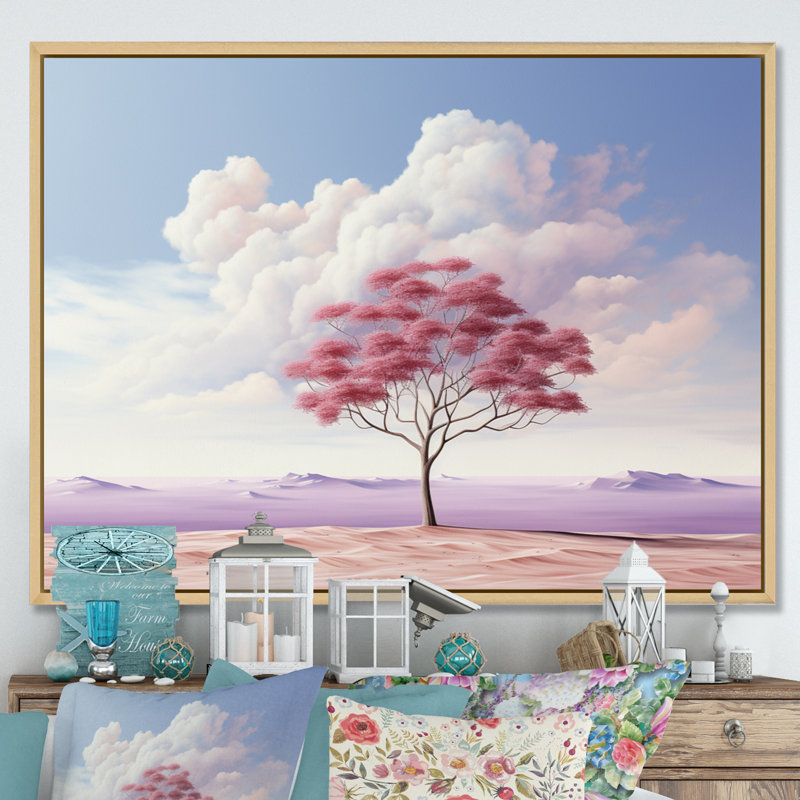 Arbre de minimalisme rose solitude II, Cadre naturel flottant, H 24 po x l 32 po x P 1 po