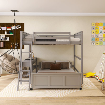 Wood Frame Full Over Full Size Bunk Bed With Desk