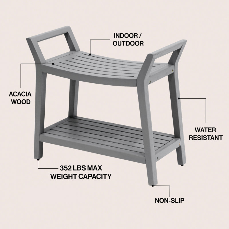 Orla Modern 25.5" Gray Acacia Wood Shower Bench with 2-Tier Storage Shelf, Spa Bath Stool Seat for Bathroom & Indoor/Outdoor