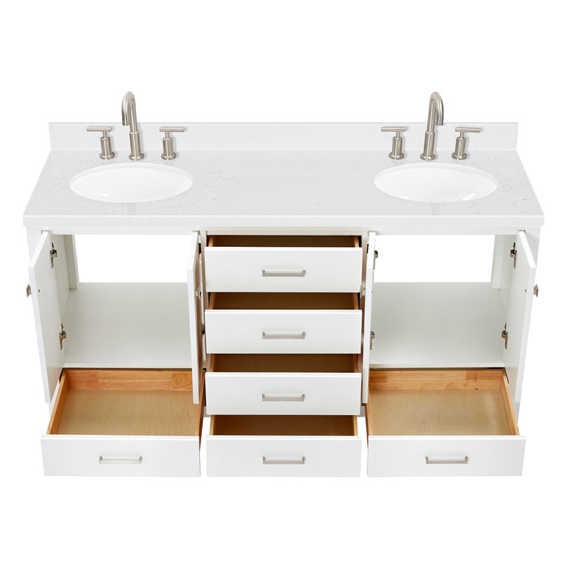 Meuble-lavabo double avec plateau 66,25 po , Blanc / nickel brossé