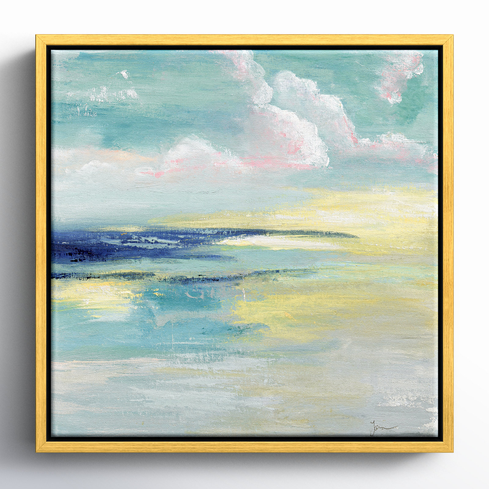 Bertie "Ocean View" Painting by Tava Studios, 13.5" H x 13.5" W x 2" D, Gold Framed Canvas