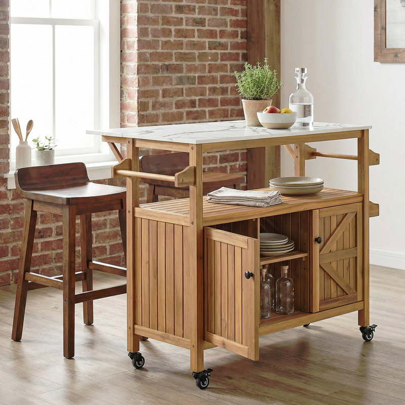 Chariot-bar d'extérieur en bois d'acacia de patio, finition naturelle, ensemble de 1, 36.22" H x 48" W x 16" D