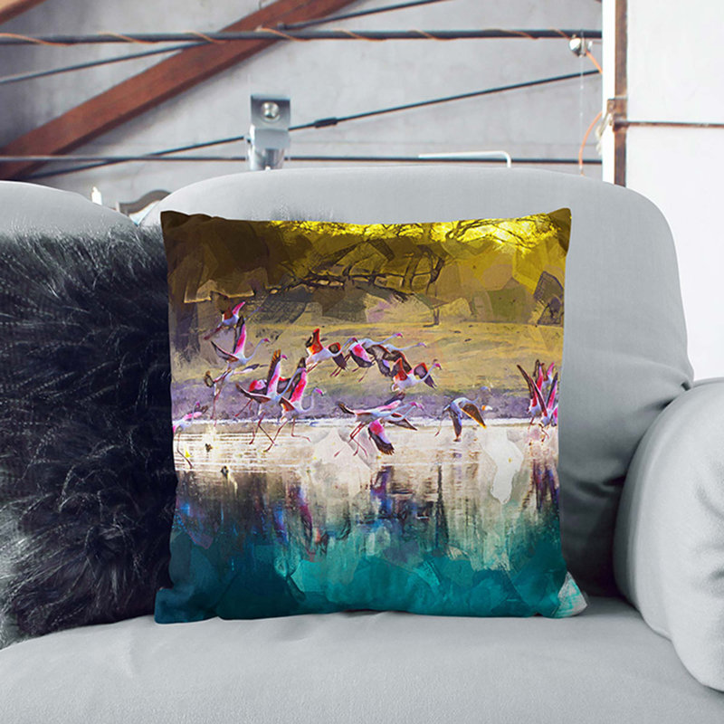 Flamingos Taking Flight in Abstract Cushion with Filling, 40cm H x 40cm W x 15cm D, Stone