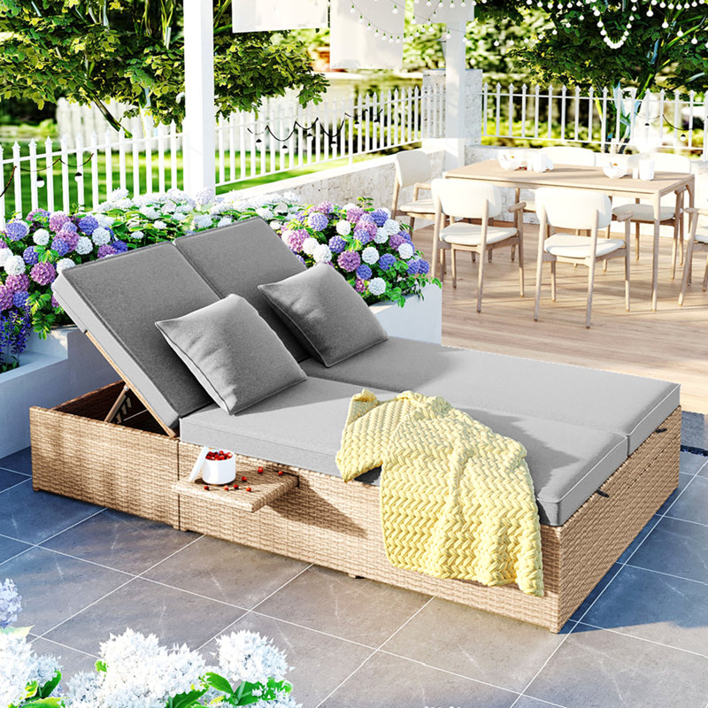 Outdoor Double Sunbed, Wicker Rattan Patio Reclining Chairs With Adjustable Backrest And Seat, Conversational Set For 2 Person, Gray