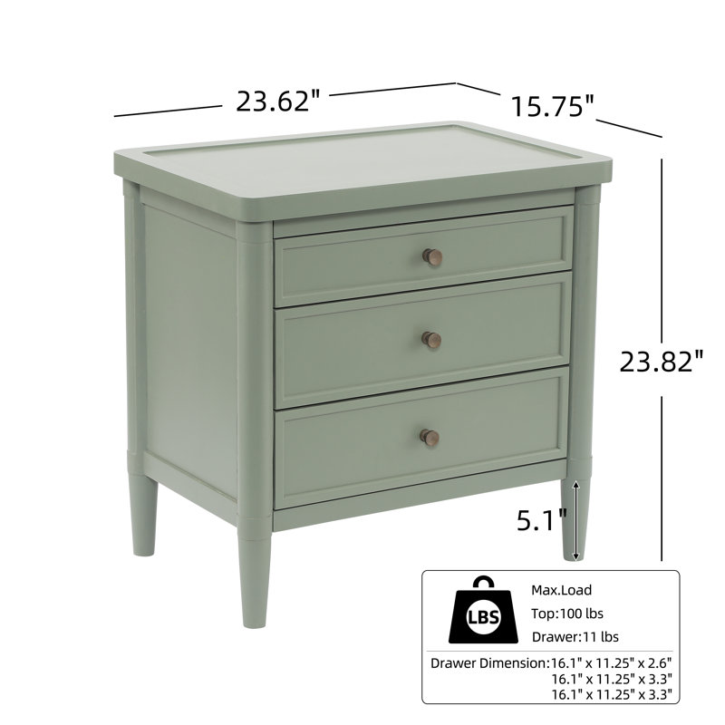 Alzada Modern Nightstand with 3 Drawers & Pine Wood Legs, Olive Green