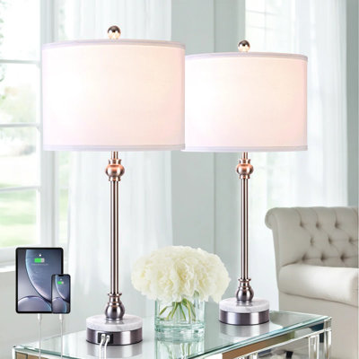 Lampe de table moderne en métal de 72 cm (28,3 pouces) avec base en marbre blanc et deux ports USB pour chambre ou salon