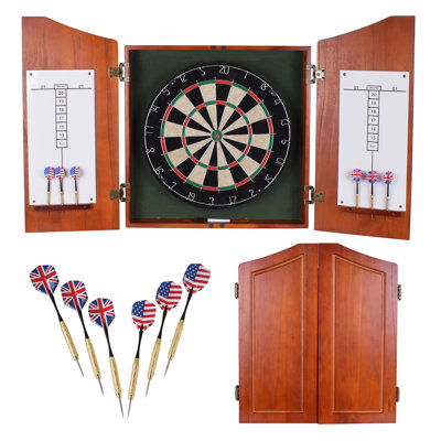 Ensemble de jeu de fléchettes et d'armoires à poils 18 po Hathaway Centerpoint - Comprend un panneau de sisal auto-réparable, un anneau extérieur amovible, des tableaux de pointage effaçables à sec et des fléchettes à pointe en acier - Accessoires de fléchettes complets - Cerisier foncé