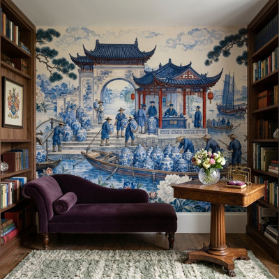Papier peint chinois Pavillon chinois en porcelaine bleue et blanche
