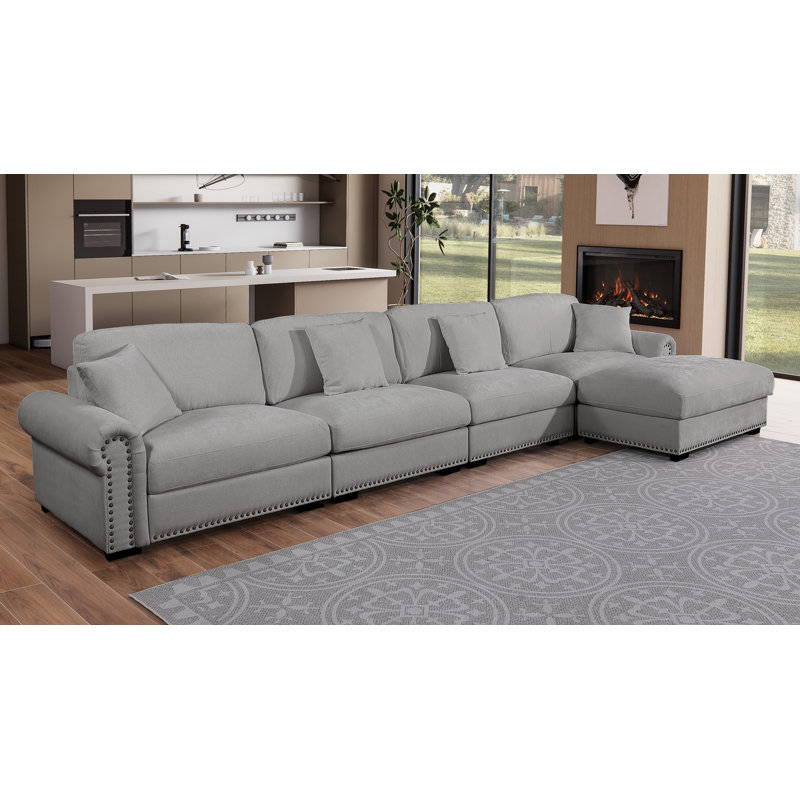 Canapé modulaire moderne en L avec repose-pieds mobile, Polyester gris clair