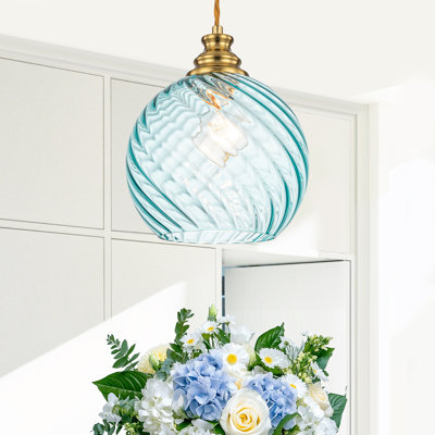 Luminaire suspendu en verre bleu spiralé à la main - 1 lumière en laiton réglable de 10 à 89 po, éclairage d'îlot de cuisine moderne