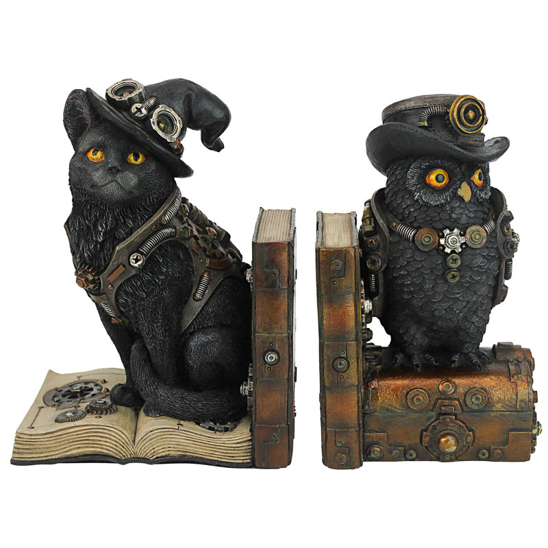 Steampunk Cat and Owl Sculptural Bookends