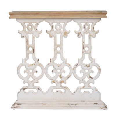 32" Console Table With Brown Wood Top And Vintage Whitewashed Intricate Base, Room Addition 31.9" X 11.8" White Wash Top, Detail Piece