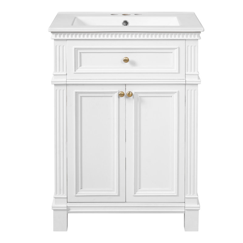 24'' Vintage Elegance Bathroom Cabinet with Soft Closing Doors and Adjustable Shelf, Bathroom Vanity with Ceramic Sink, White