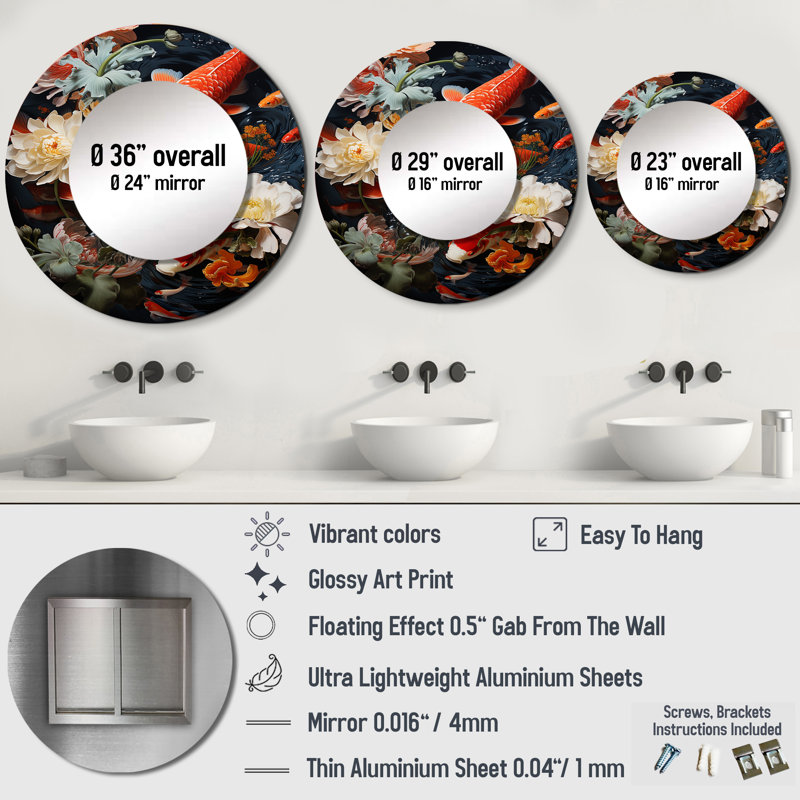 Shanetria Asian Art Infinite Koi I - Art mural unique, miroir rond corail, impression sur métal, 23 po x 23 po