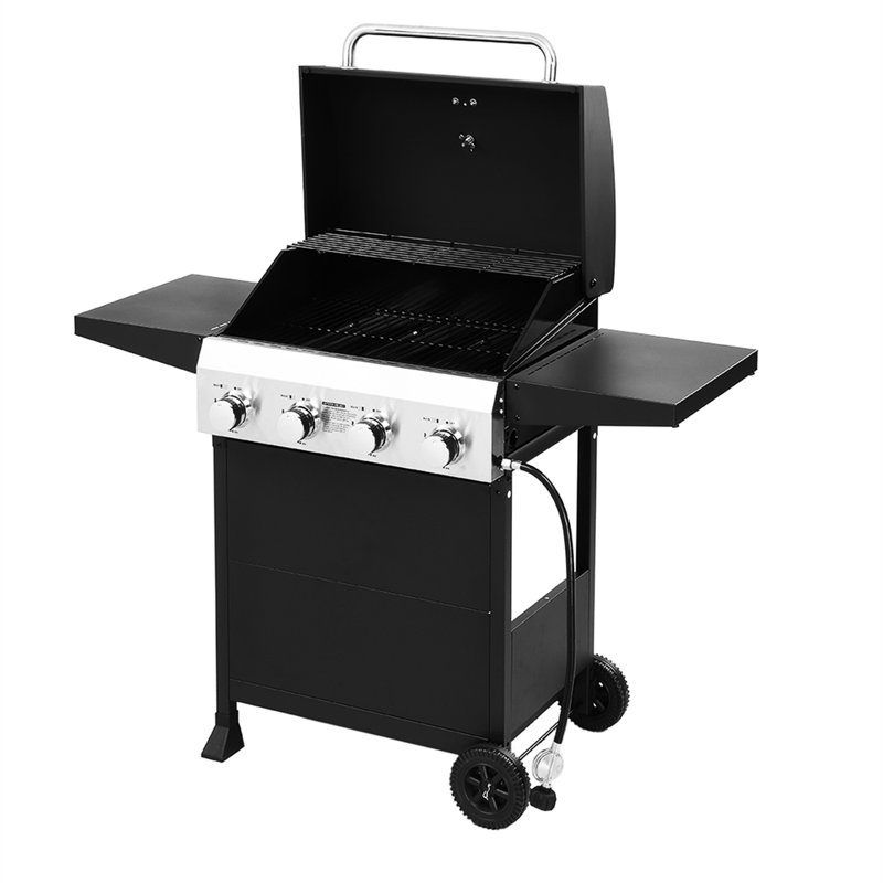 Barbecue au propane à 4 brûleurs noir avec tables d'appoint pliables et roues portatives pour la cuisson en plein air