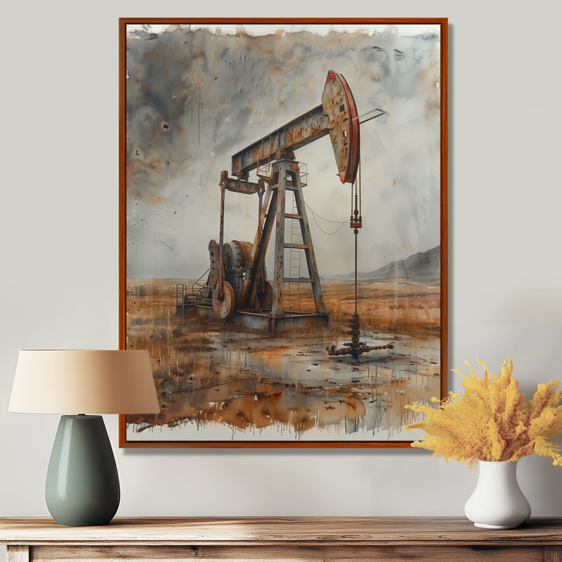 Gris gris orange, champs de pétrole pompage de gaz I - décoration murale, Toile avec cadre flottant brun