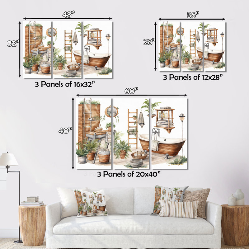 "Natural Bathroom Decor", impression sur toile 3 pièces, H 28 po x l 36 po x P 1 po