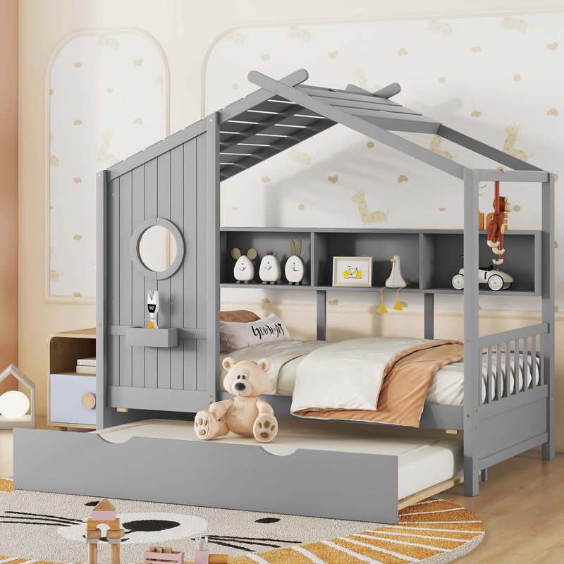 Lit en bois avec lit gigogne, Gris, Lit simple