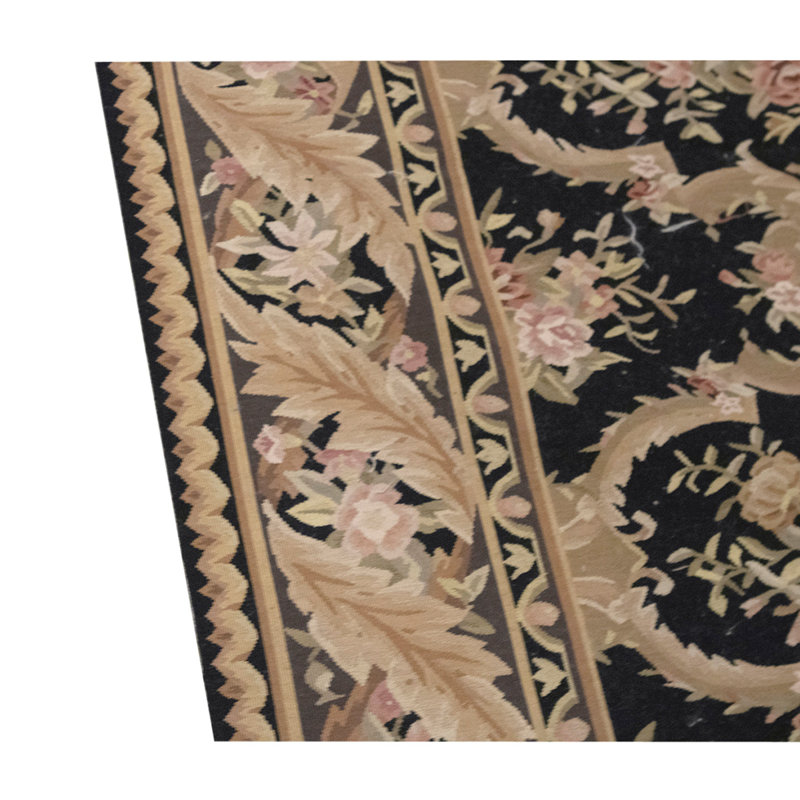 Tapis unique noué à la main noir / vert / beige de haute qualité