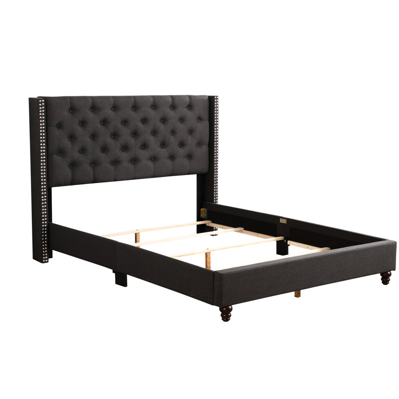 Stylish Transitional Queen Bed - 50" Height X 66" Width, Black, Foam Filled, Frame, Headboard Support, Assembly Required With Extra Support 50"h 66"w, Black Fabric, Filler, Headboard,