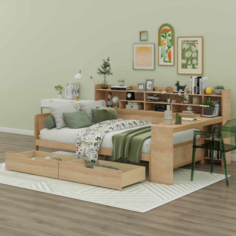 Tiaisha Full Size Multi-functional Bed with Two Storage Drawers and Study Desk, Natural