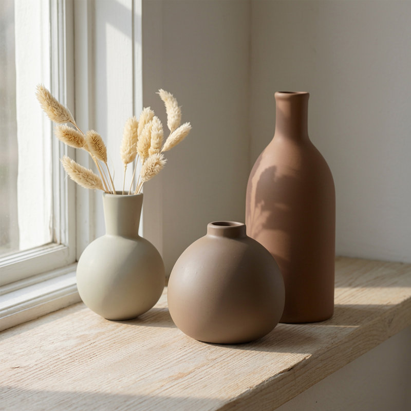 Ensemble de 3 vases décoratifs multicolores en céramique pour fleurs fraîches et séchées, Argile et ivoire