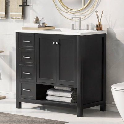 Meuble-lavabo 36 po avec comptoir d'évier, meuble-lavabo avec deux portes et deux tiroirs, bois massif, tablette ouverte, panneaux de fibres à densité moyenne, un paquet