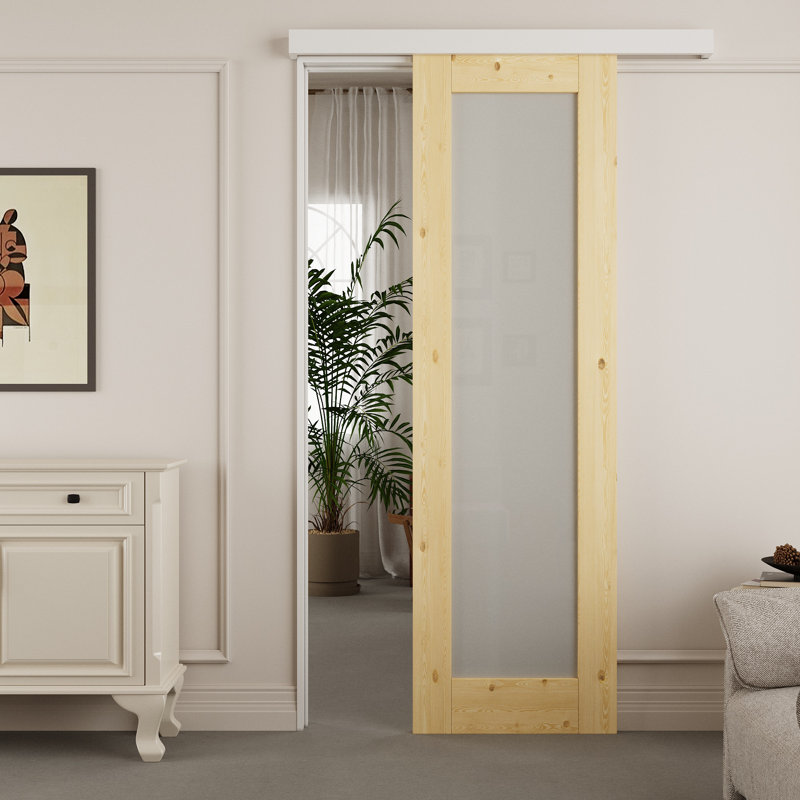 Porte de grange coulissante en verre massif givré avec ensemble de quincaillerie Hidden Style, 18 po x 80 po