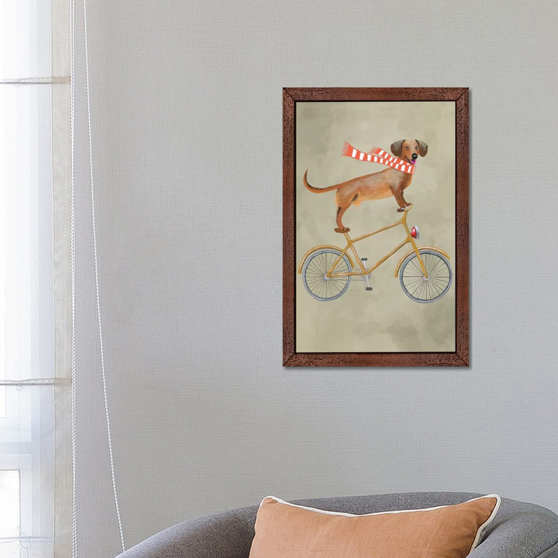 Dachshund On Bicycle II by Coco De Paris - Floater Frame Print on Canvas, Brown, 101.6 cm H x 66.04 cm W