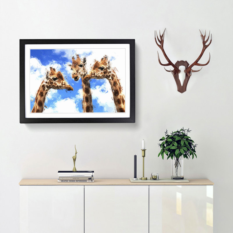 Three Giraffes in Abstract - Picture Frame Painting Print, 27cm H x 36cm W x 2cm D, Black Framed