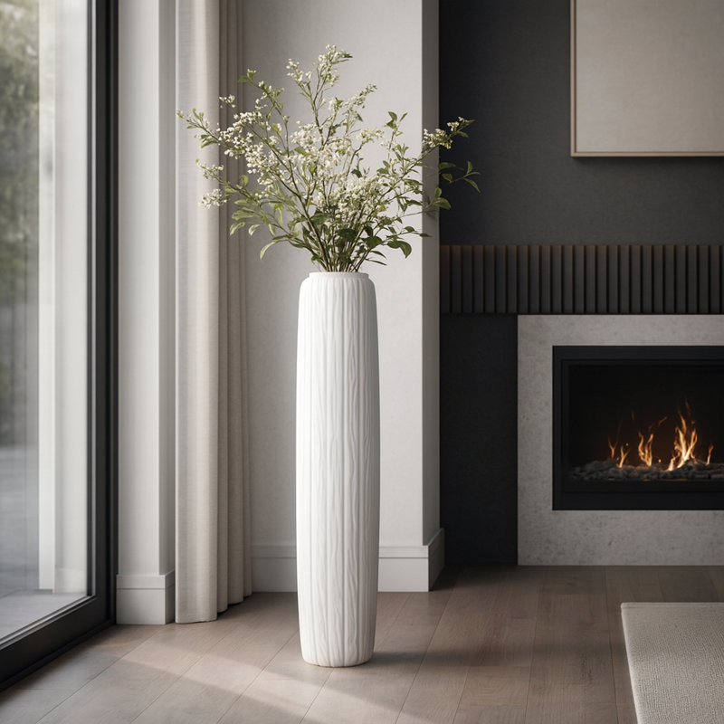 Contemporary Ceramic Tall Floor Vase for Home Decor - Minimalist Flower Vase Accent for Living Room, Entryway, and Corner Styling - White