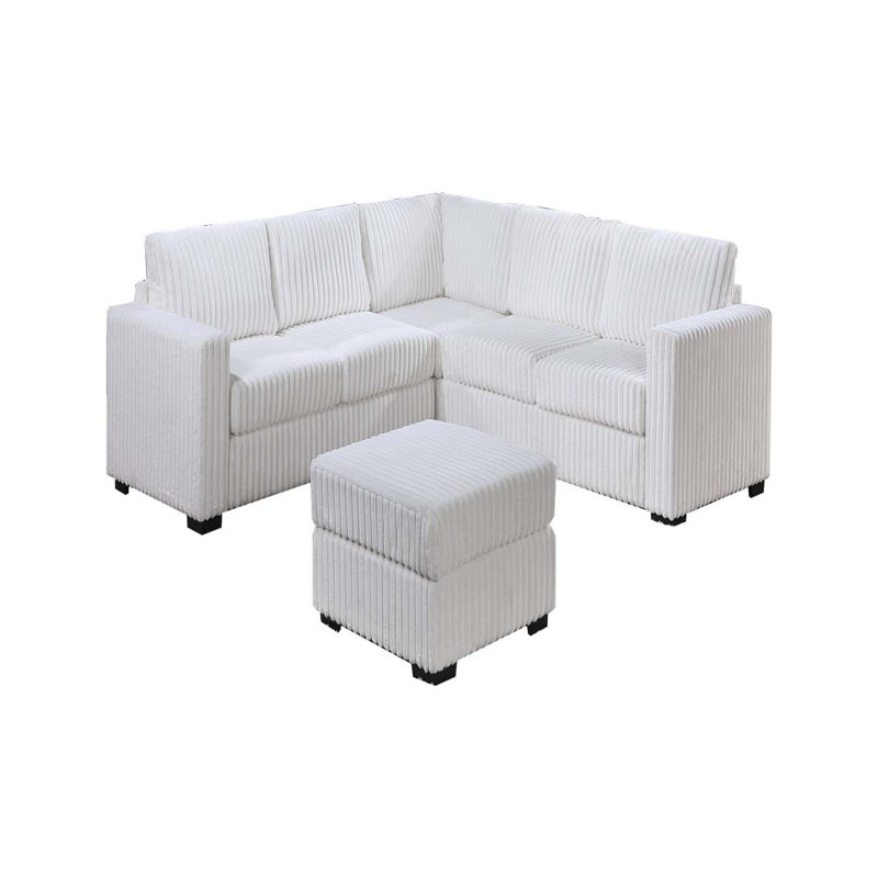 4-Piece Sectional Set W/ Ottoman Milk Color One Arm Loveseat Corner Wedge Corduroy Upholstered Plush Couch
