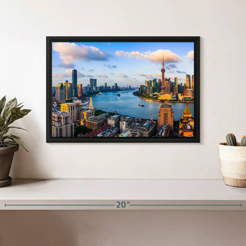 Shanghai Sunset Skyline, Floating Frame Black, 13" X 9"